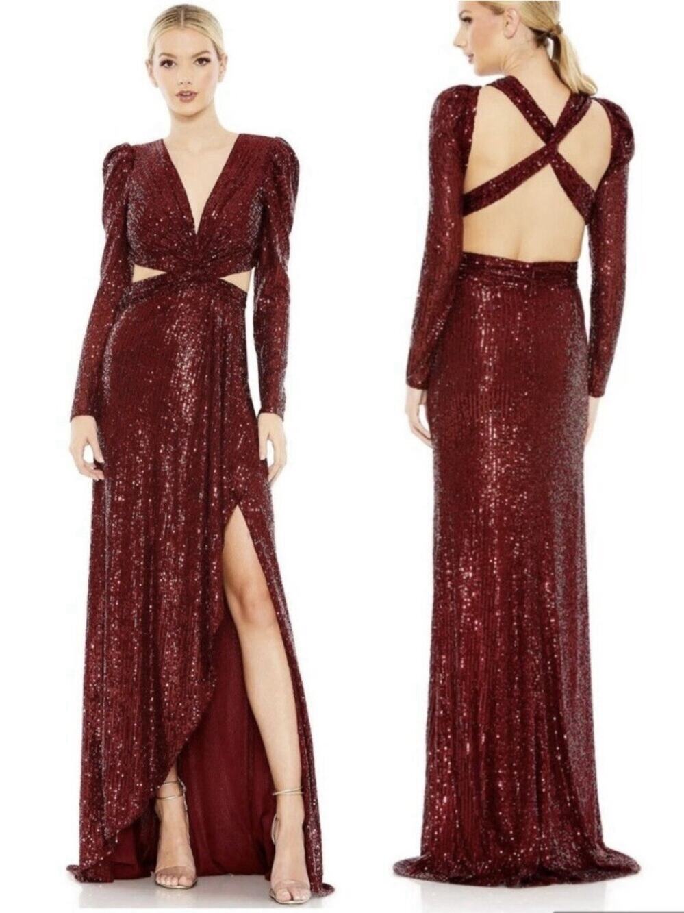 Mac Duggal Sequin Burgundy Criss Cross Leg Slit Cut Out Evening Gown 2 NWT